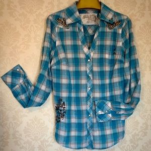 GUESS turquoise plaid snap button shirt